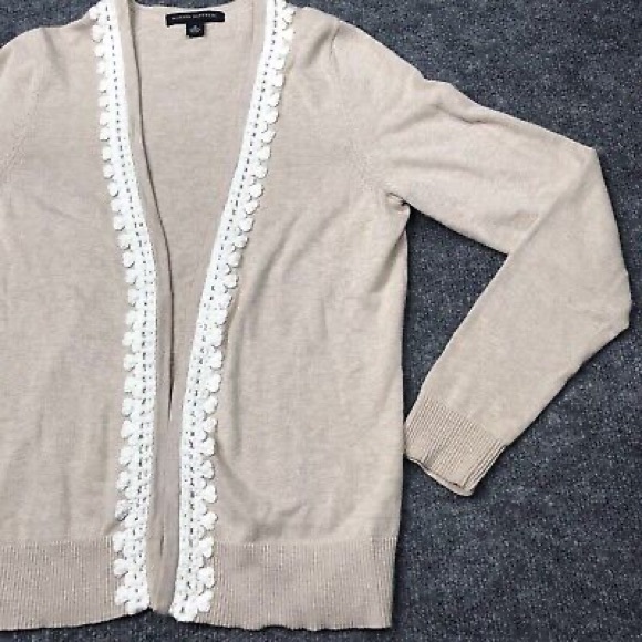 Banana Republic Tan Beige Cotton Knit Open Front Cardigan Lace Crochet Trim XS - Picture 5 of 14